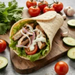 Grilled chicken pita wrap with fresh veggies and sauce.