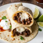 Black bean cream cheese burritos on a plate with garnish