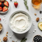 Fresh cottage cheese in a bowl with toppings