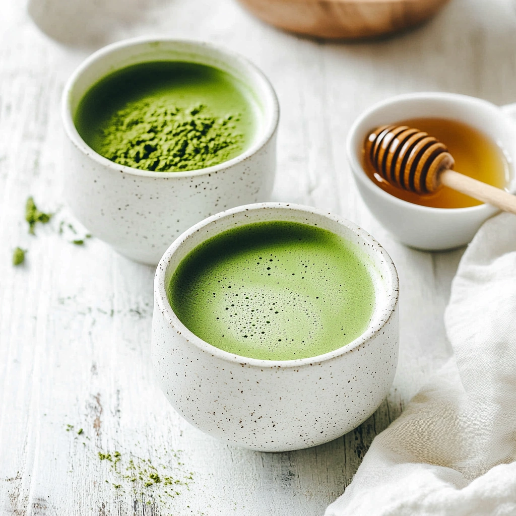 A white bowl with frothy matcha tea and a bamboo whisk, accompanied by a speckled bowl of vibrant matcha powder, a ceramic teapot, and a cloth napkin on a rustic white wooden surface.