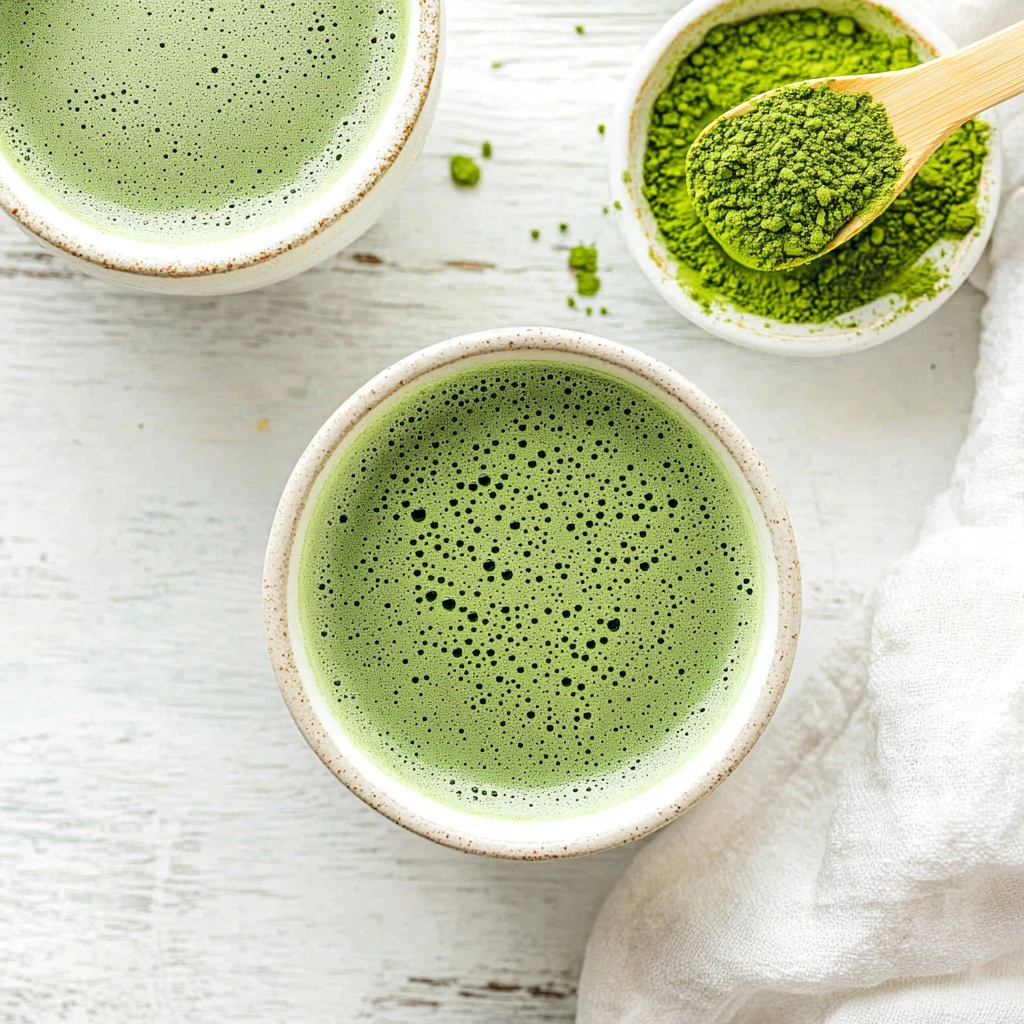 Two cups of frothy matcha tea on a white wooden surface, accompanied by a bowl of vibrant matcha powder and a bamboo scoop