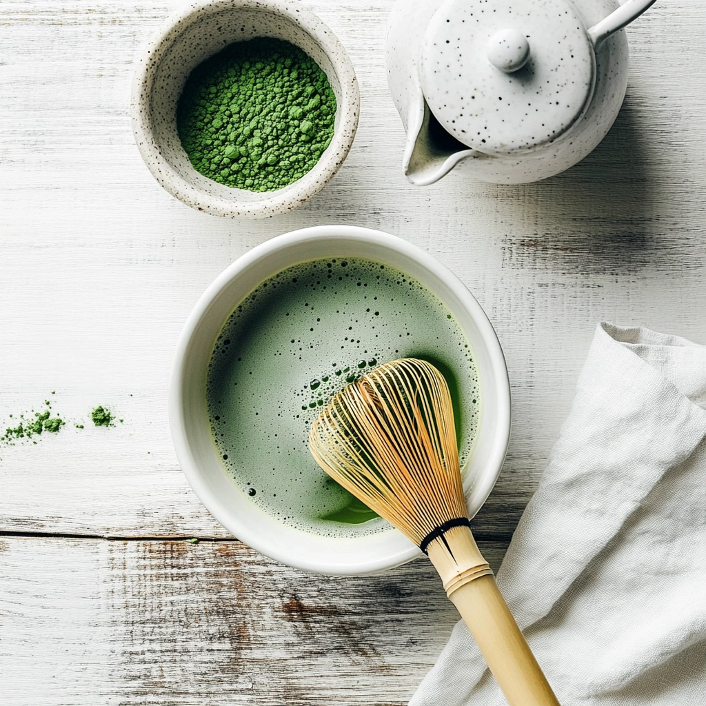 A white bowl with frothy matcha tea and a bamboo whisk, accompanied by a speckled bowl of vibrant matcha powder, a ceramic teapot, and a cloth napkin on a rustic white wooden surface.