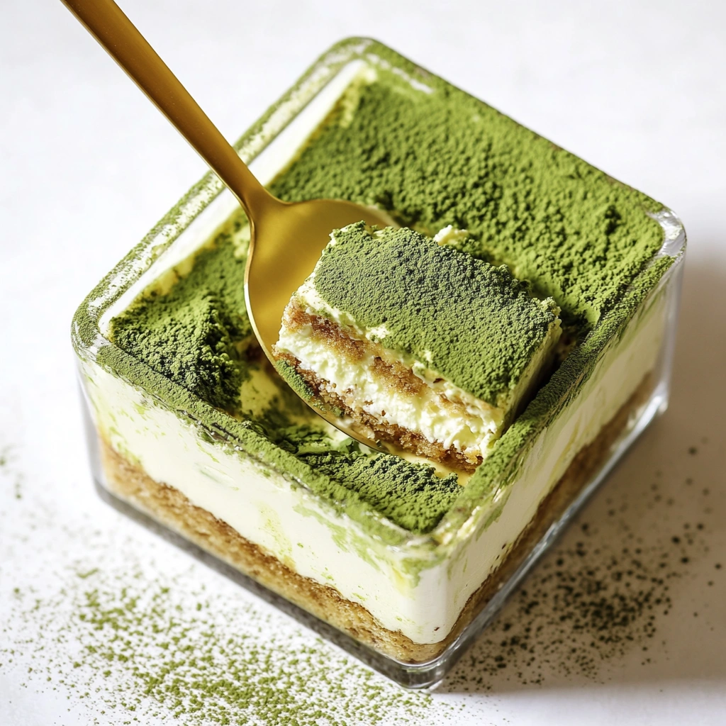 A glass container of matcha tiramisu with layers of creamy mascarpone, matcha-soaked sponge, and matcha powder on top, featuring a golden spoon lifting a perfect square portion.