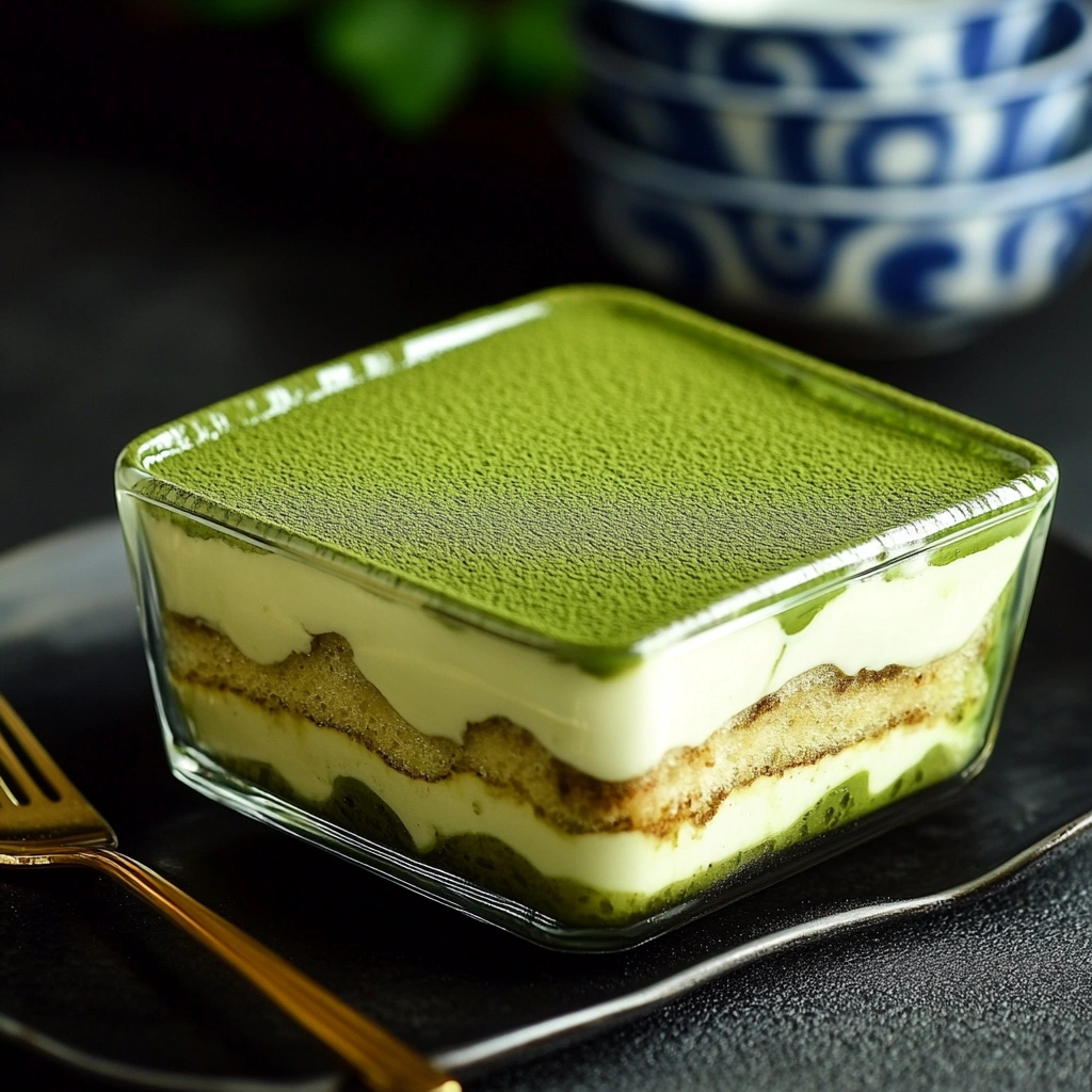 A square glass container filled with layered matcha tiramisu, featuring creamy mascarpone, sponge layers, and a smooth matcha powder topping, placed on a black plate with a golden fork.