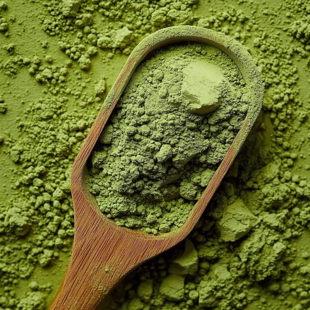 A close-up of a wooden scoop filled with vibrant green matcha powder, surrounded by scattered matcha powder.