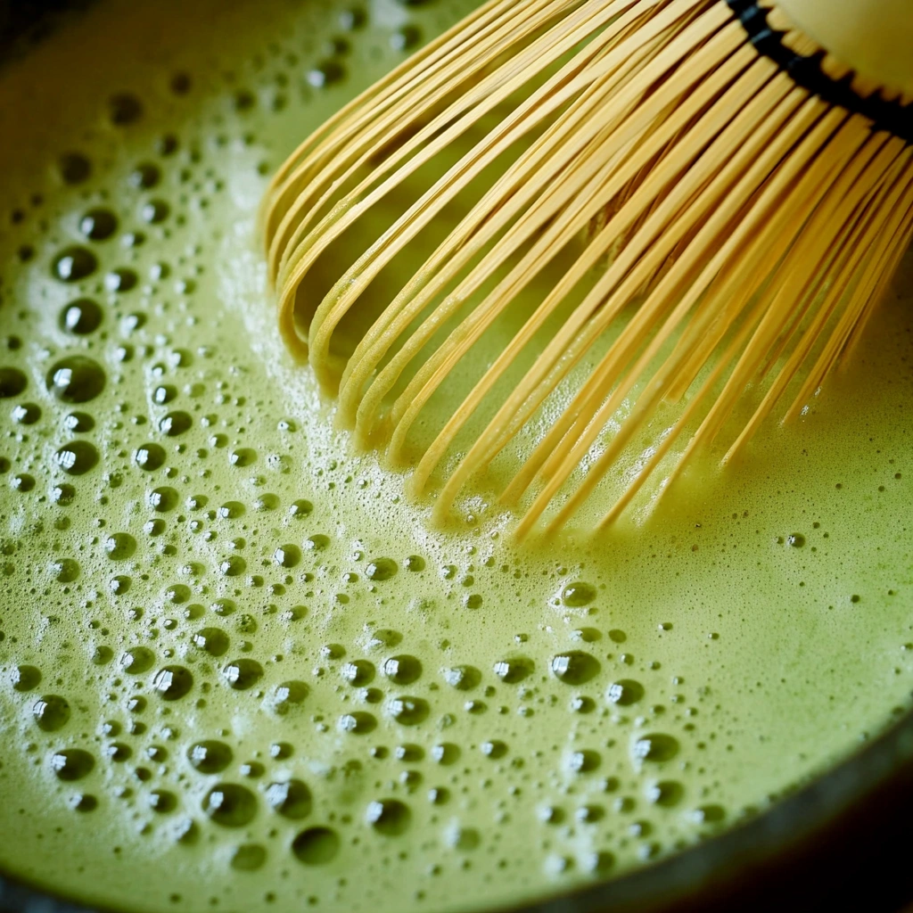 A bamboo whisk frothing vibrant green matcha tea in a bowl, creating small, delicate bubbles on the surface.