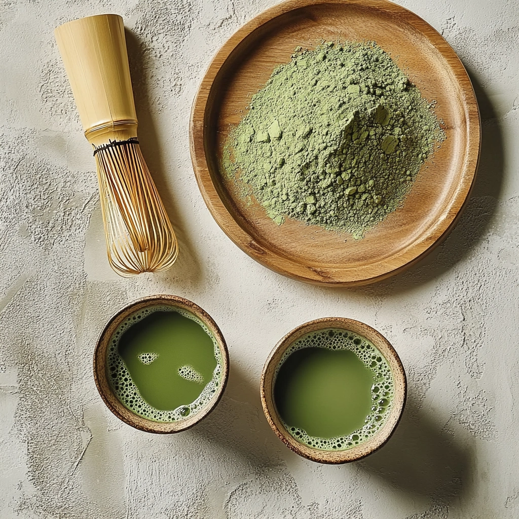 A flat lay of matcha preparation essentials, including a bamboo whisk, a wooden plate with matcha powder, and two ceramic cups of freshly whisked matcha tea.