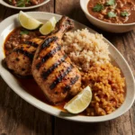 Juicy Pollo Loco with rice, beans, and lime on a modern plate.