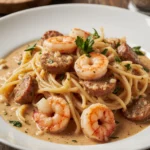 hrimp and sausage pasta in creamy sauce, garnished with parsley.