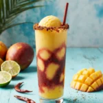 Bright mango chamango drink with chamoy swirl, chili powder, and tamarind straw.