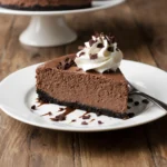 Chocolate mousse cheesecake slice on plate with whipped cream.