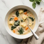 Bowl of creamy chicken tortellini soup with carrots and spinach