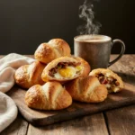 Flaky crescent roll breakfast ideas with eggs, bacon, and cheese.