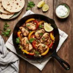 Grilled chicken fajitas with peppers in a skillet