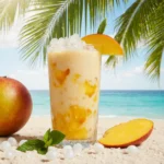 Creamy mango bango drink with mango chunks and jelly in a tropical setting.