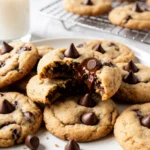 Soft, gooey chocolate chip cookies stacked on a modern plate.