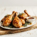Golden crispy chicken confit on a rustic plate with herbs.