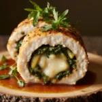 Sliced chicken roulade with herbs on a plate.