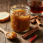 Jar of hot bourbon butter with spices and bourbon on a wooden table.