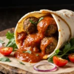 Meatball on a wrap with cheese and herbs on a wooden board.