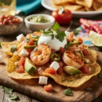 Close-up of shrimp nachos topped with cheese, avocado, and jalapeños on a party platter.