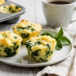 Golden spinach egg bites with spinach bits, coffee, and fresh greens.