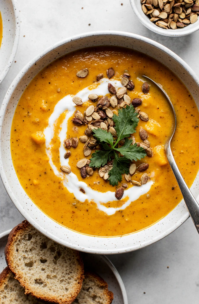 Served Butternut Squash Sweet Potato Soup with Garnish