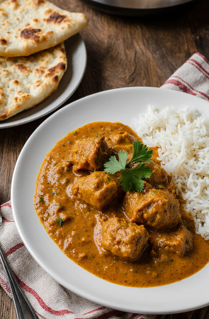 Crockpot Butter Chicken served with rice and naan