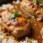 Smothered Chicken and Rice served in a skillet